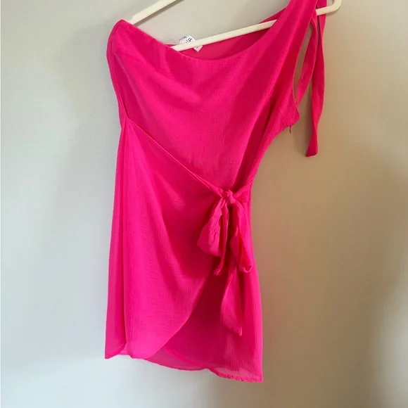 Lucy in the Sky • Hot Pink Shoulder Tie Mini Party Dress Sz Medium Barbiecore - Picture 9 of 12
